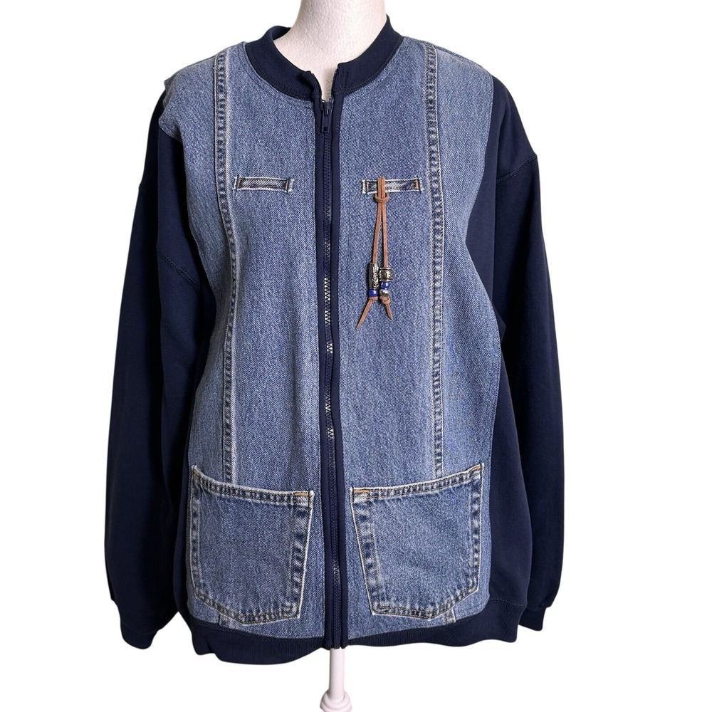 Vintage 90s‎ Jerzees Denim Patchwork Sweatshirt Jacket Beaded Boho Western L